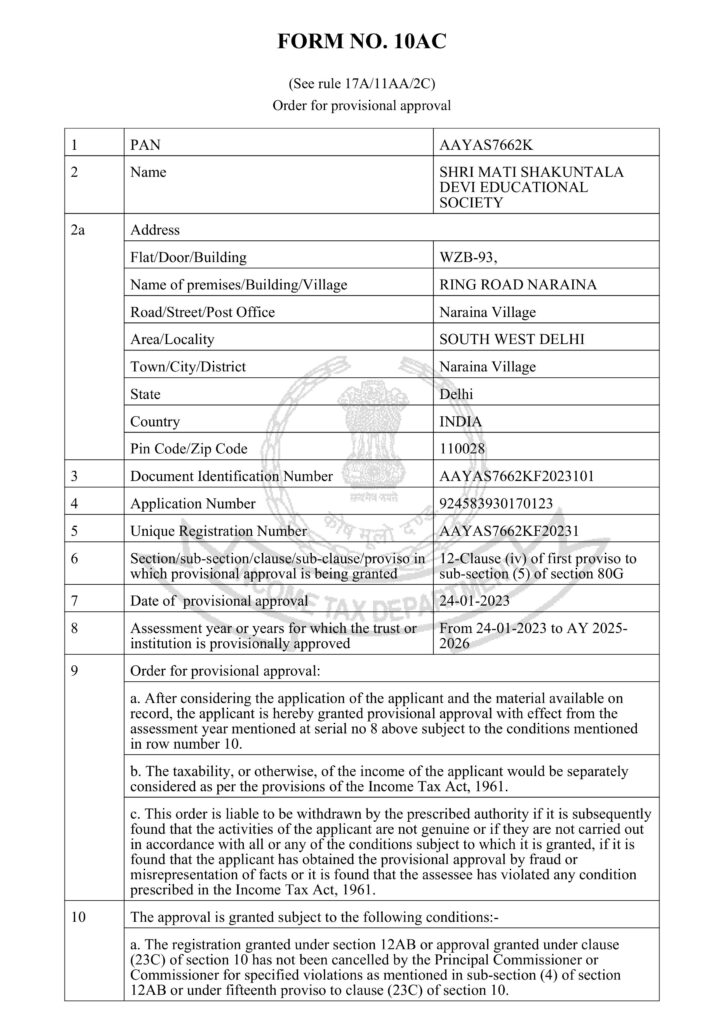 Shri Mati Shakuntala Devi Educational Society 80G Certificate