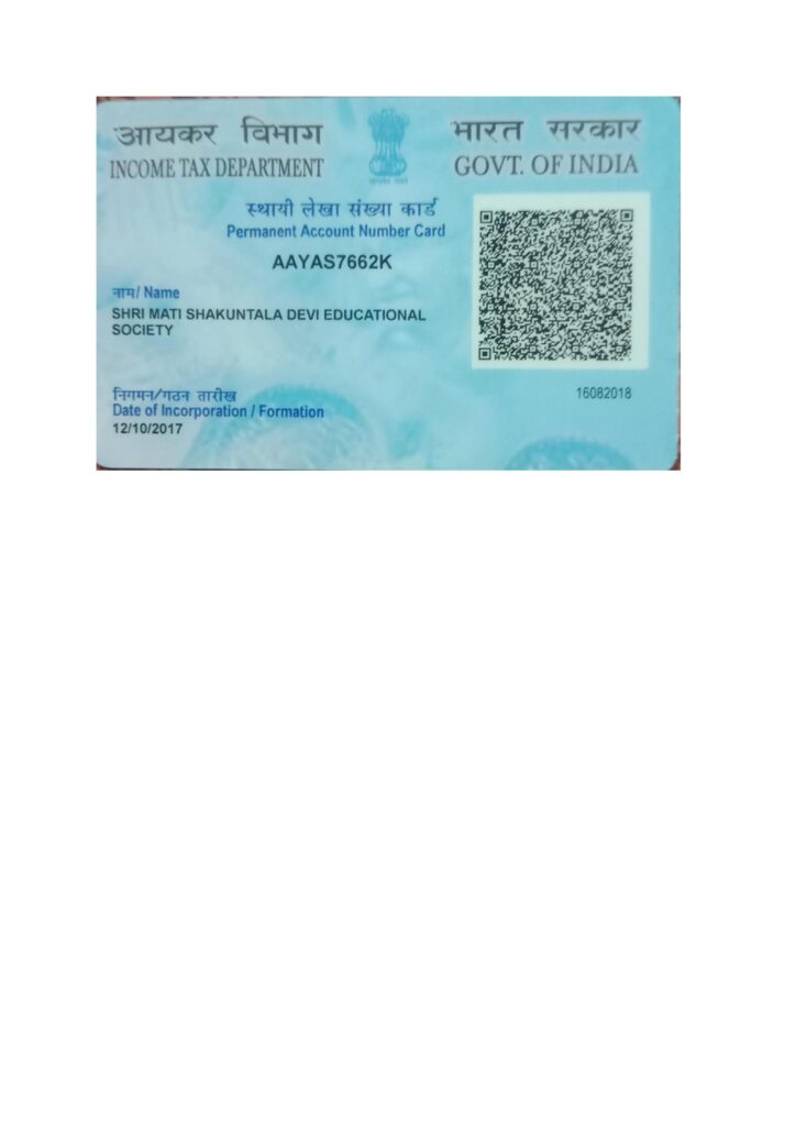 Shri Mati Shakuntala Devi Educational Society Trust Pan card
