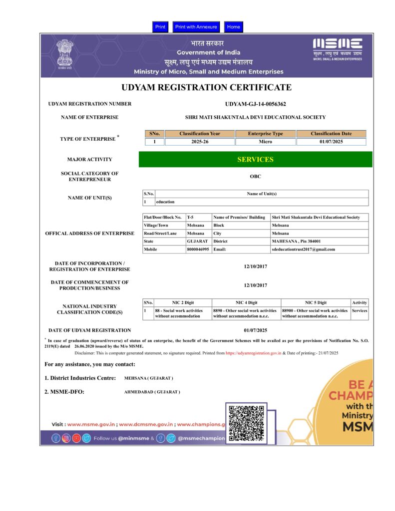 Shri Mati Shakuntala Devi Educational Society Udyam Registration Certificate